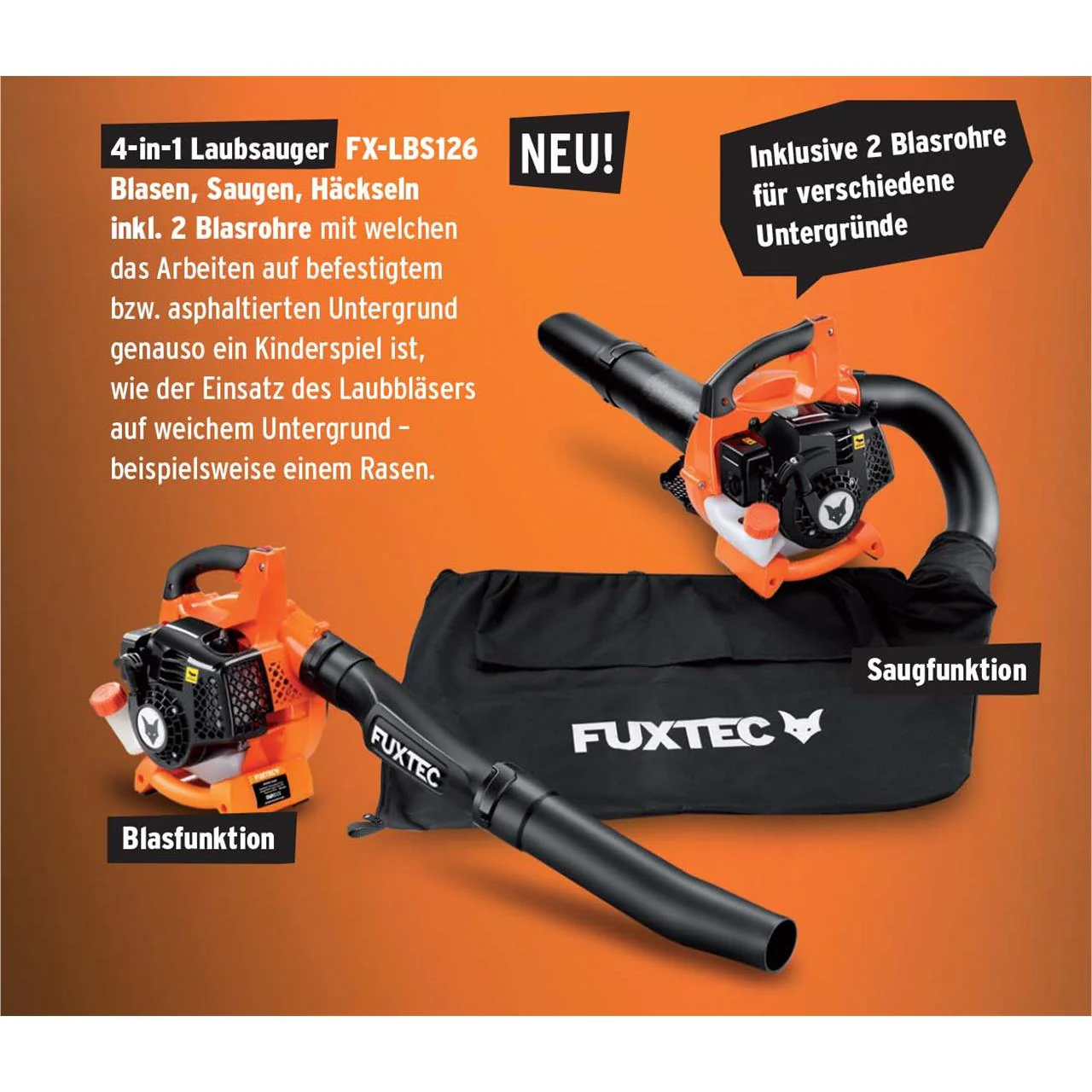 B-WARE FUXTEC FX-LBS126 4 en 1: aspirador de hojas, soplador de hojas, triturador de hojas, incluye dos tubos sopladores. - Image 3